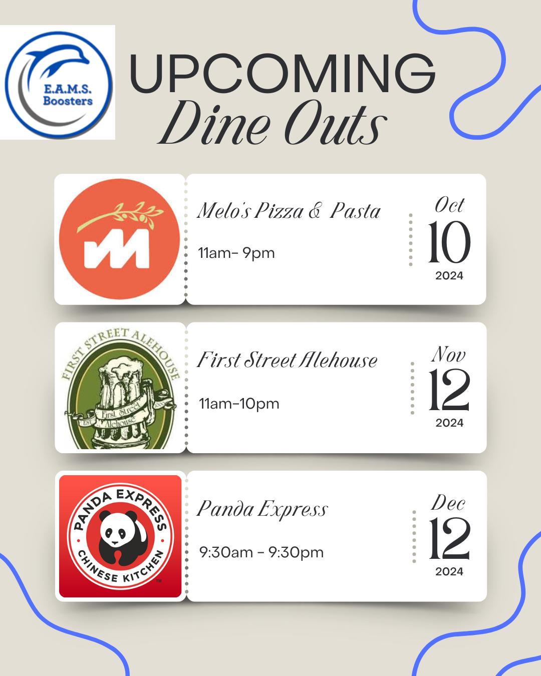 Upcoming Dine out Fundraisers